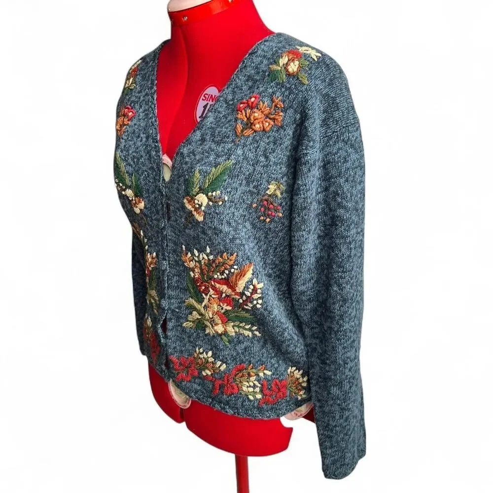 Vintage 1997 Heirloom Collectibles Blue Cardigan Sweater Mushroom Embroidery - Picture 6 of 8